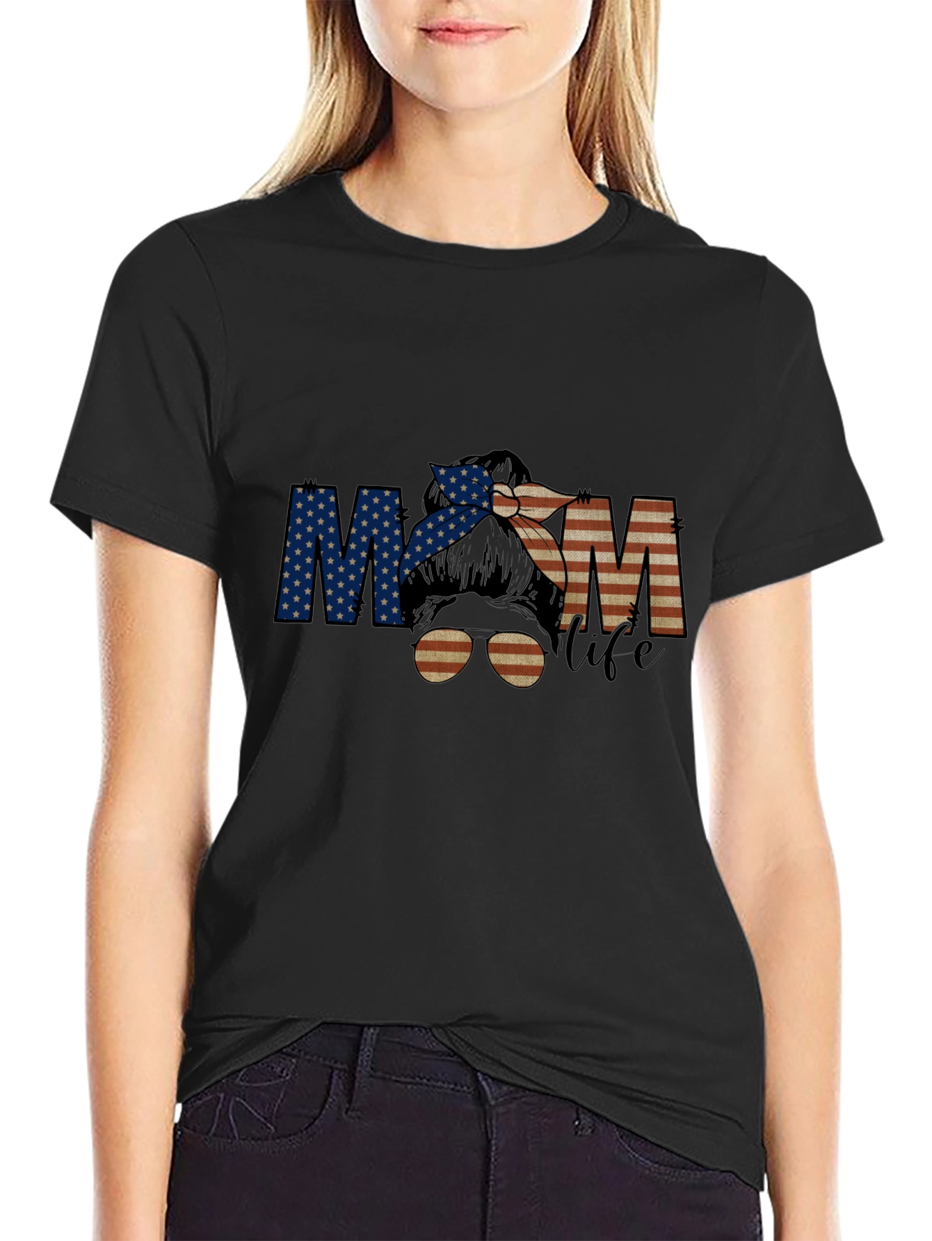 Mom Life Messy Bun T-Shirt - Patriotic American Flag Design
