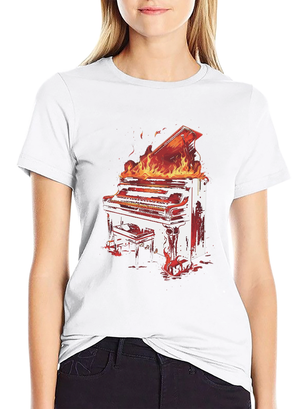 Flaming Piano Graphic Tee - Bold Black T-Shirt