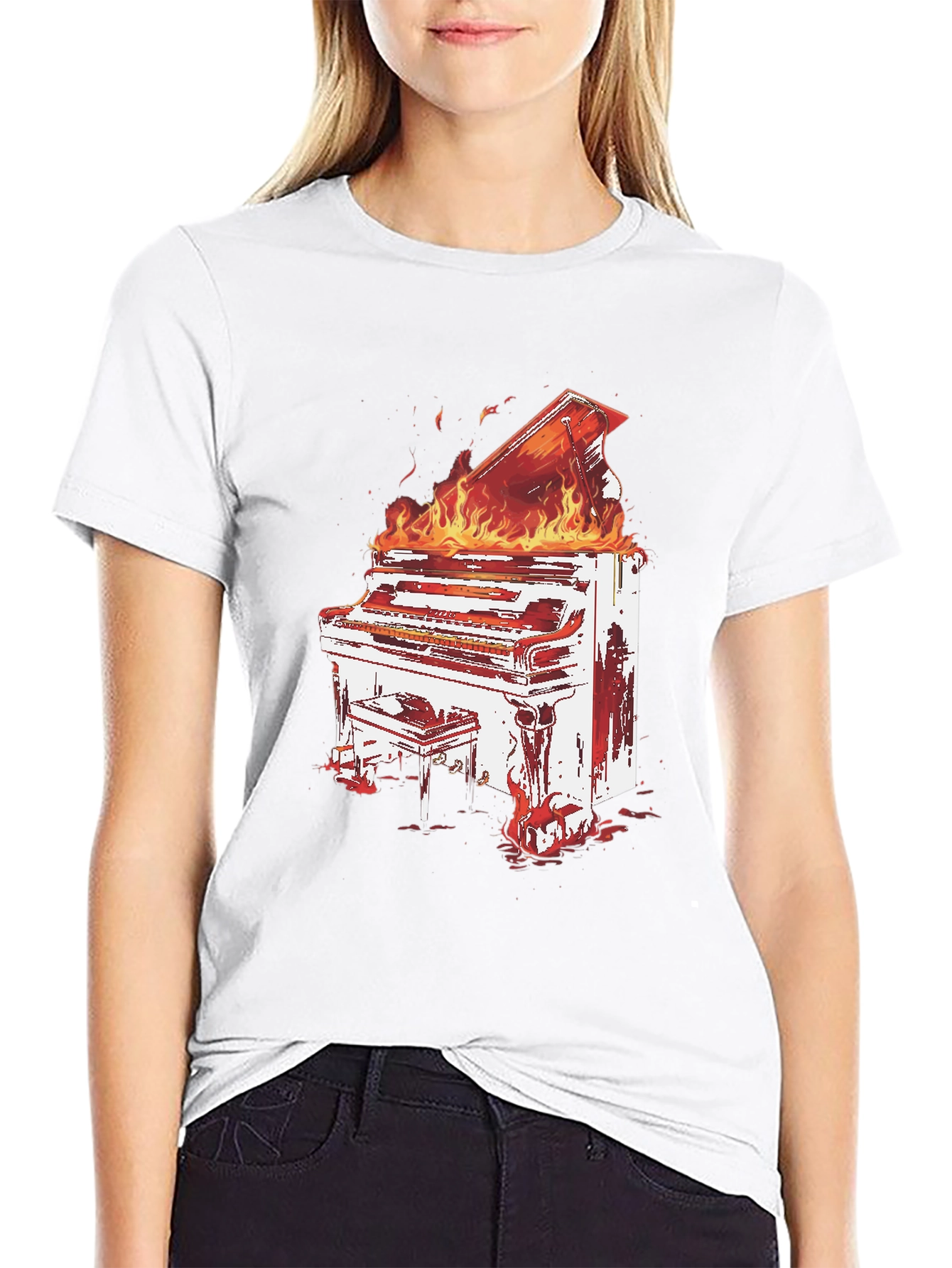Flaming Piano Graphic Tee - Bold Black T-Shirt