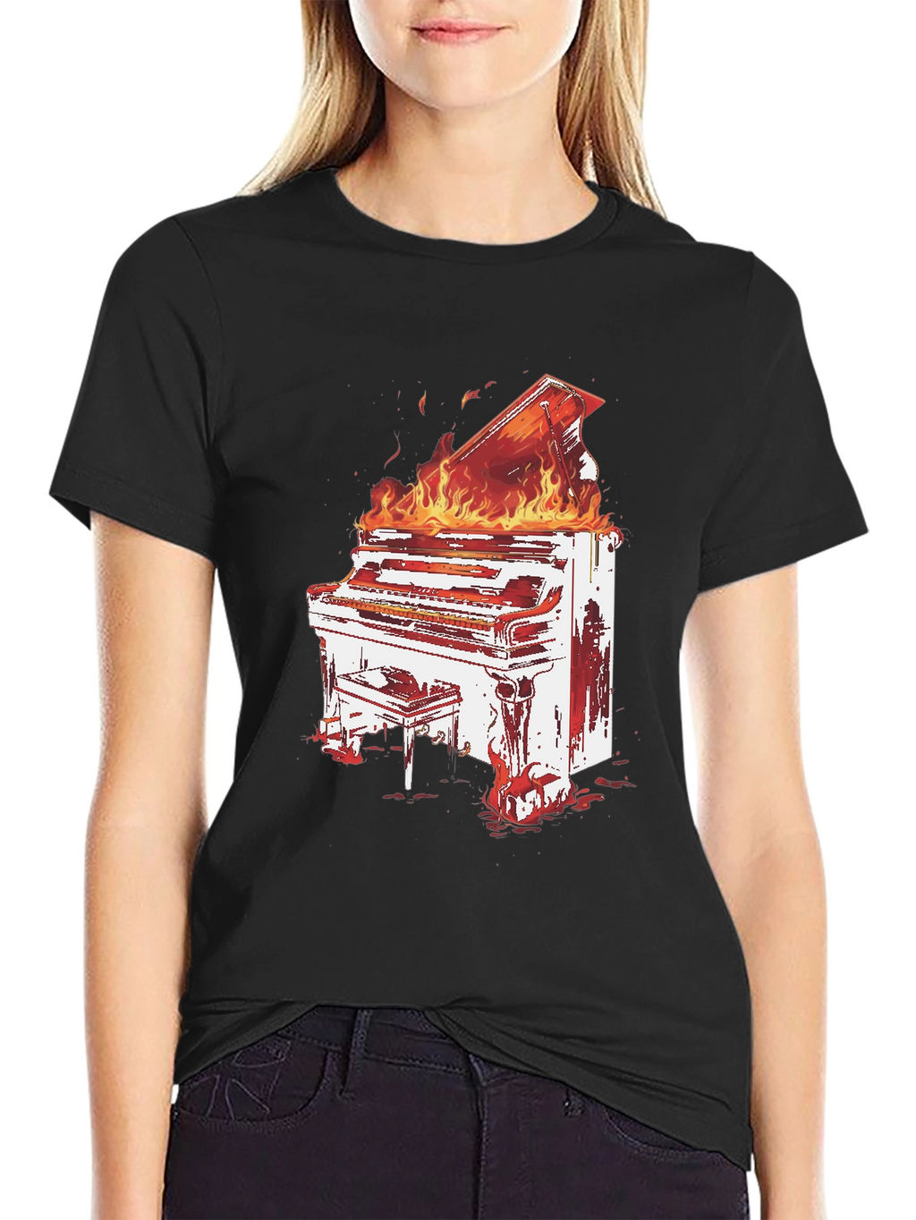 Flaming Piano Graphic Tee - Bold Black T-Shirt