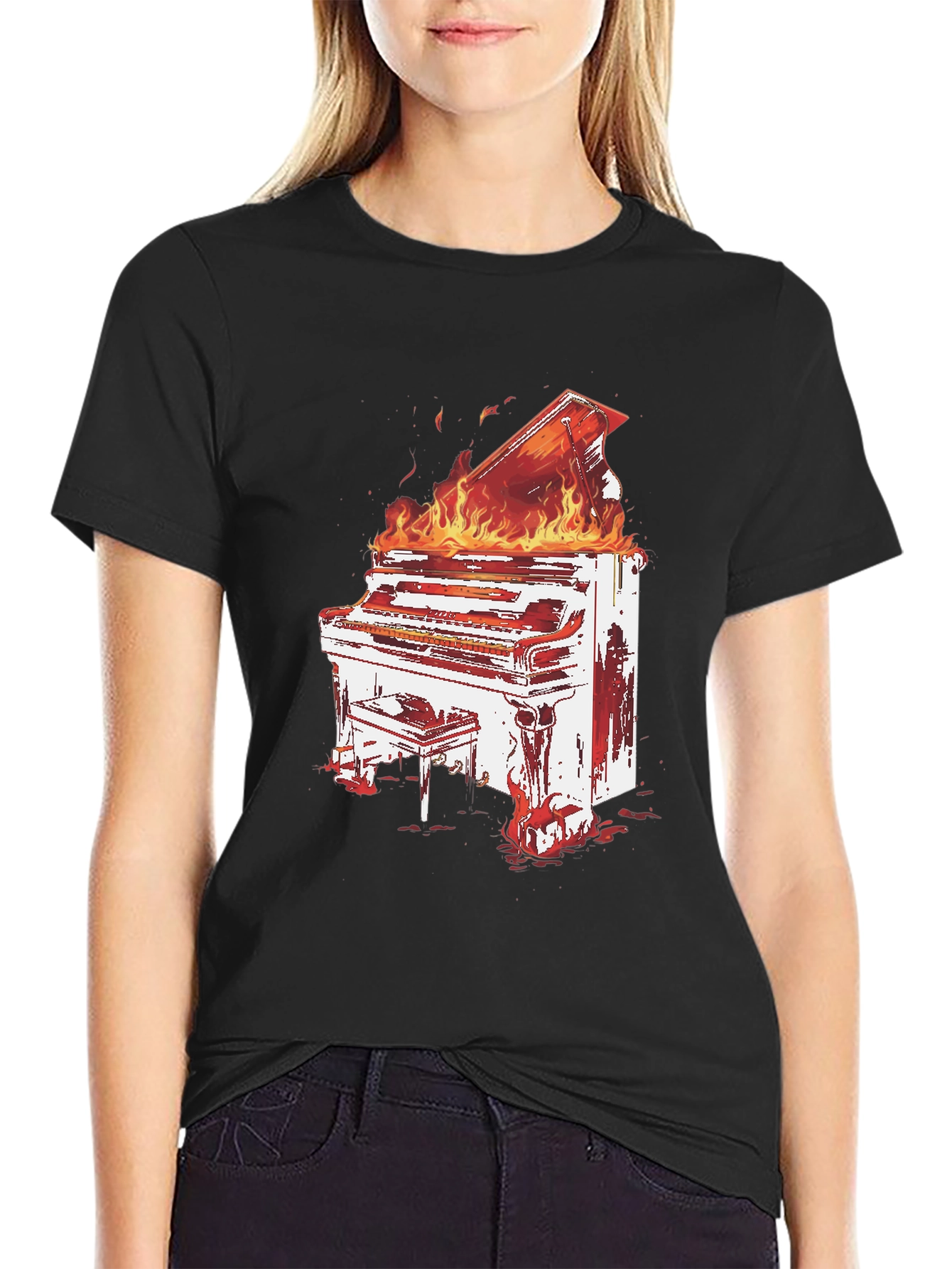Flaming Piano Graphic Tee - Bold Black T-Shirt