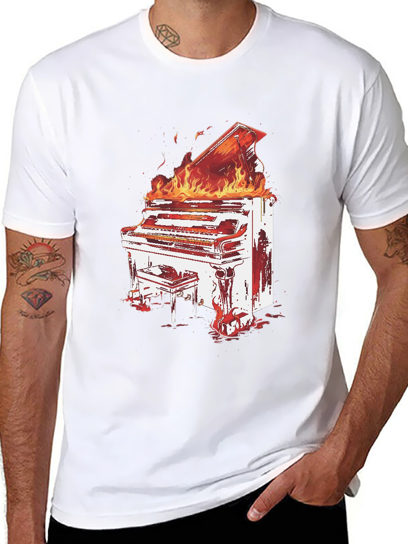 Flaming Piano Graphic Tee - Bold Black T-Shirt