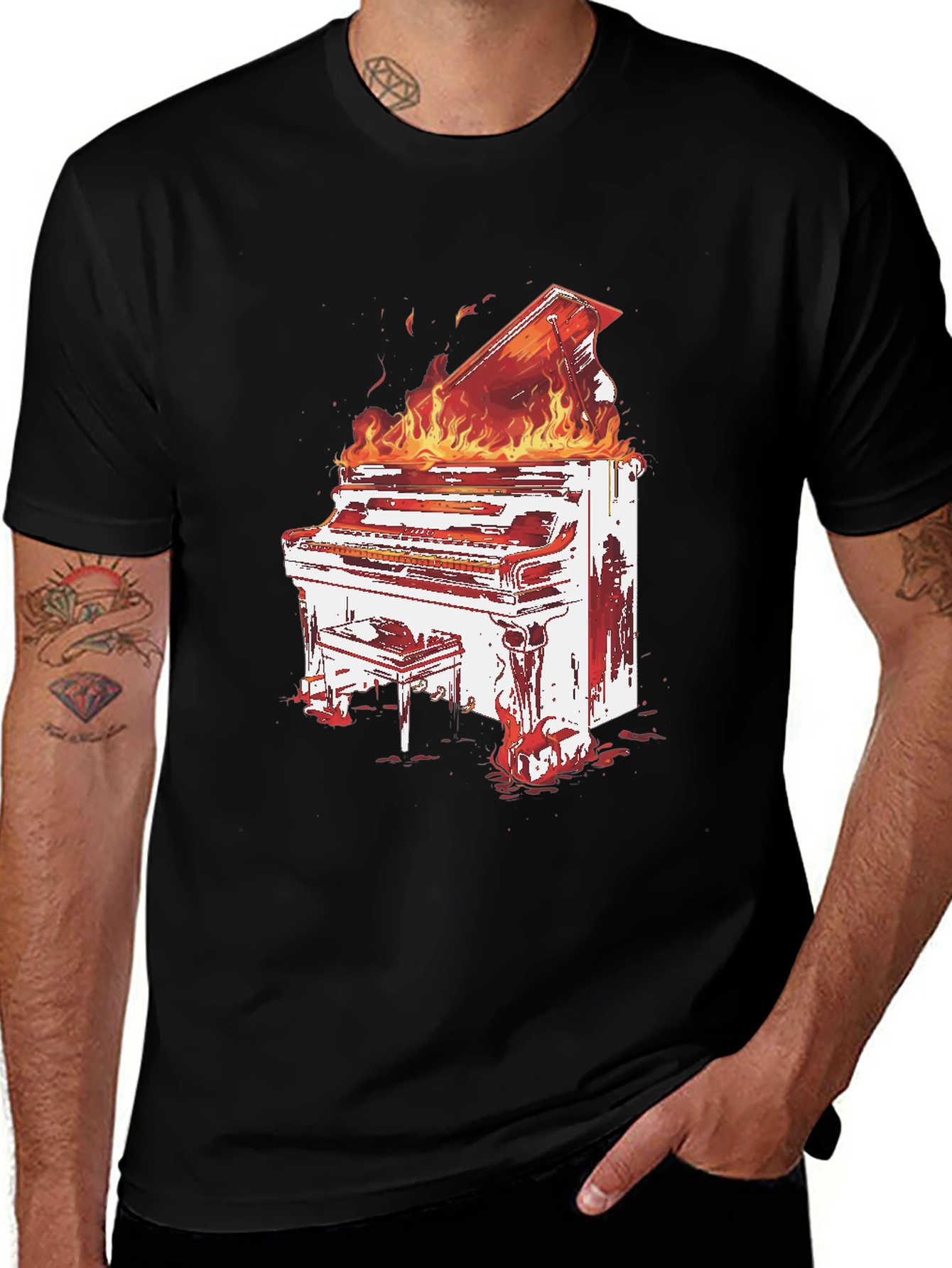 Flaming Piano Graphic Tee - Bold Black T-Shirt