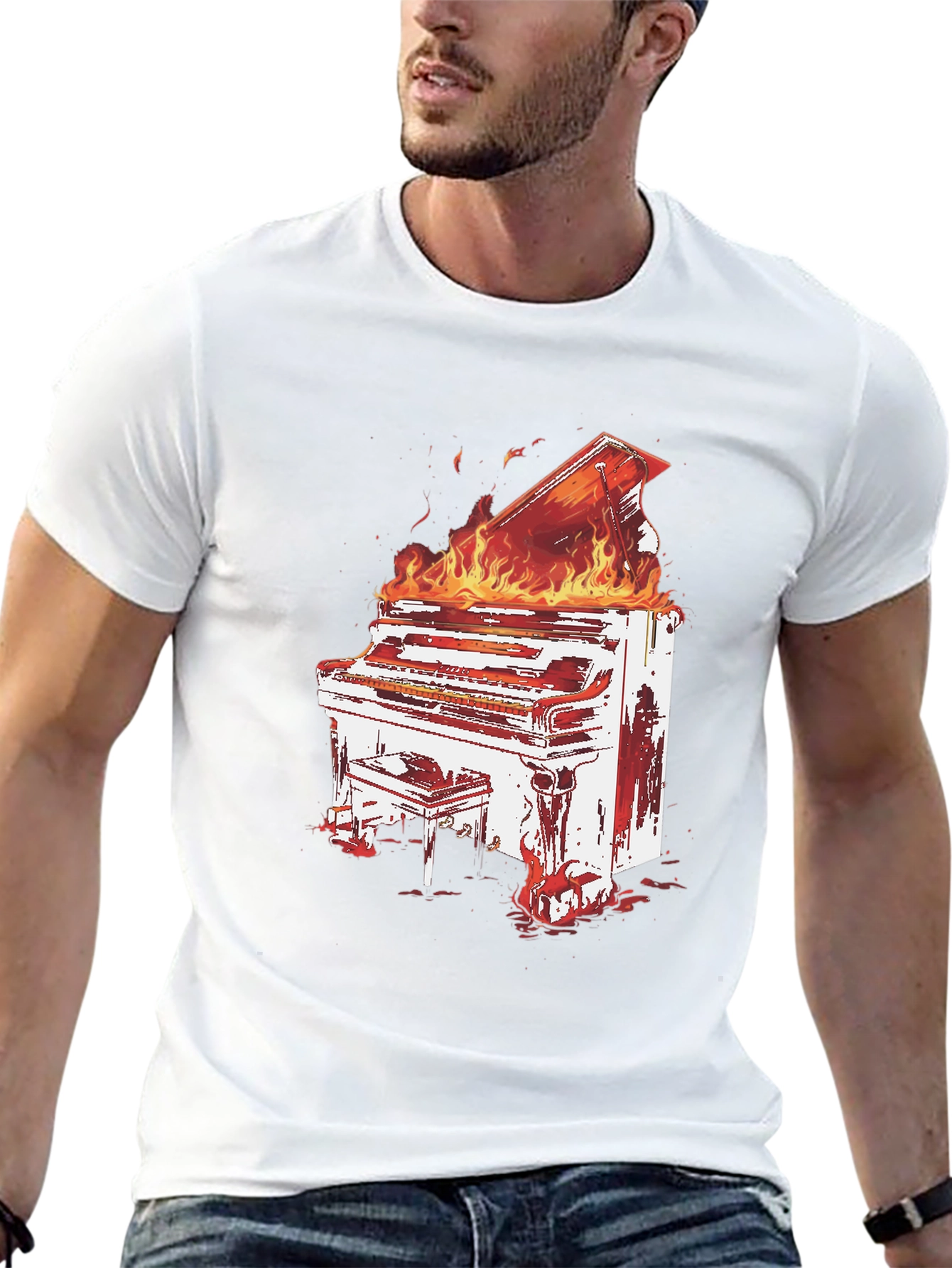 Flaming Piano Graphic Tee - Bold Black T-Shirt