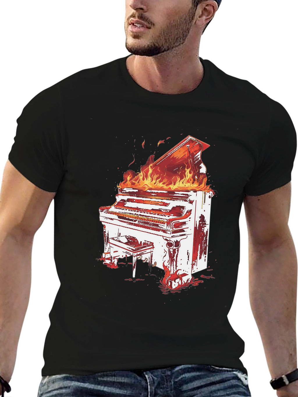 Flaming Piano Graphic Tee - Bold Black T-Shirt
