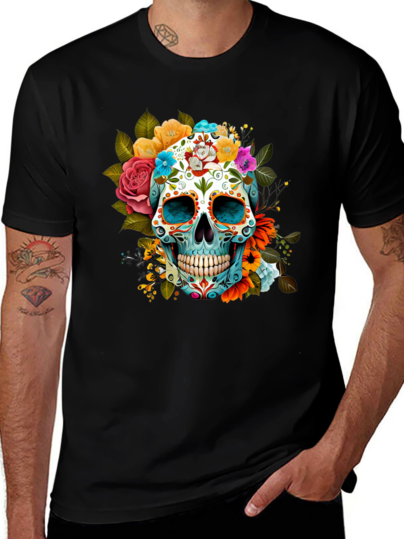 Floral Sugar Skull Graphic Tee - Dia de los Muertos
