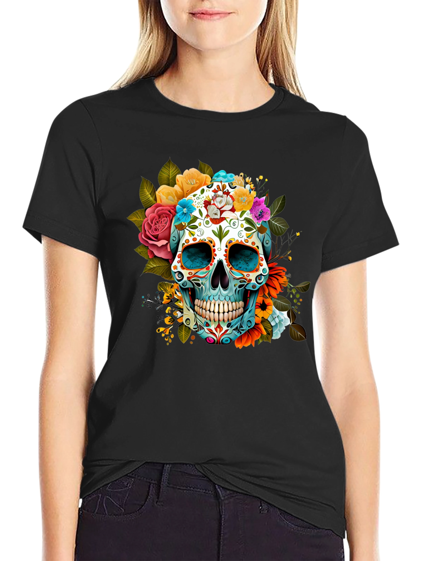 Floral Sugar Skull Graphic Tee - Dia de los Muertos