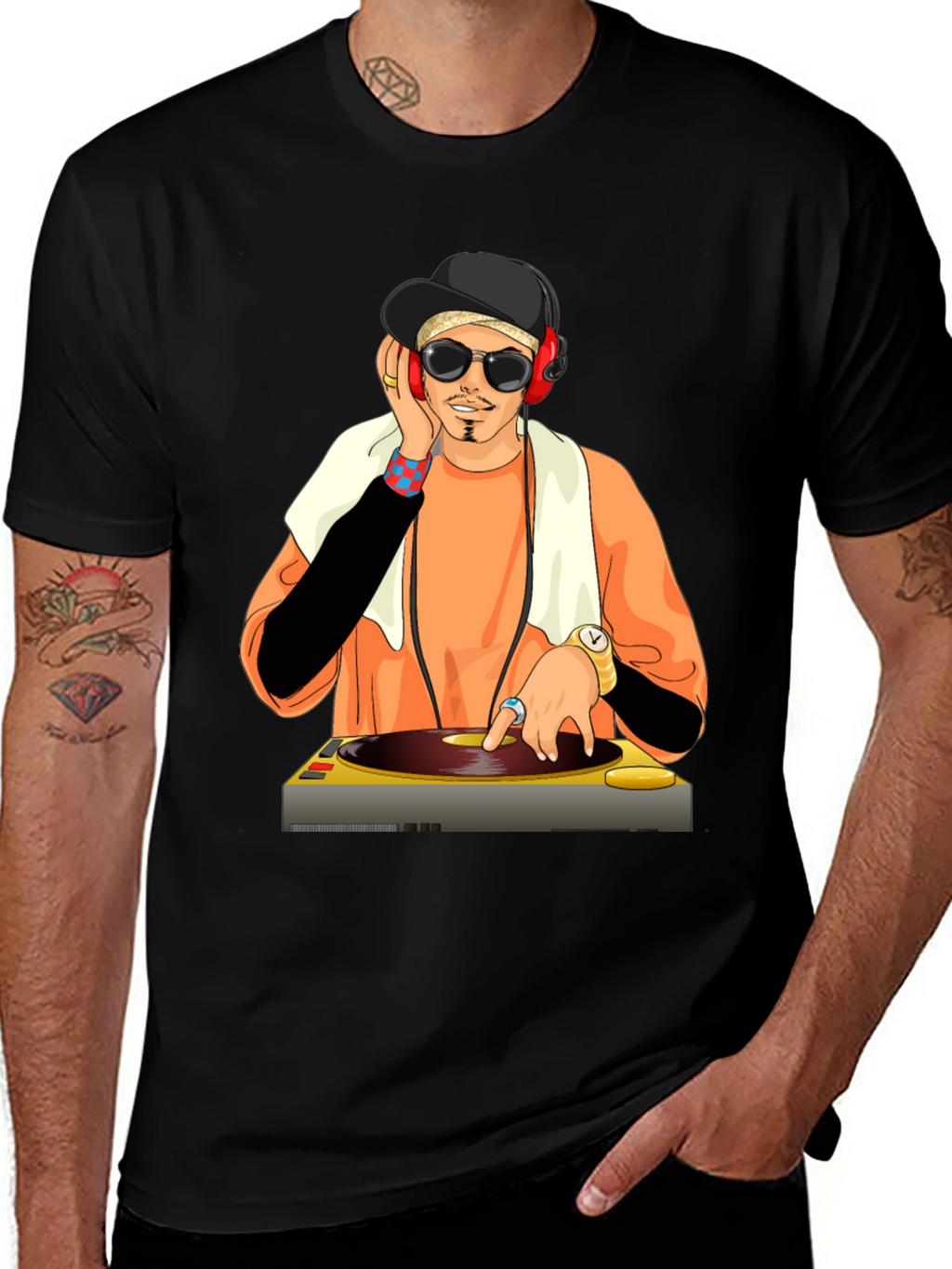 DJ Cartoon Graphic Tee - Black Cotton Blend