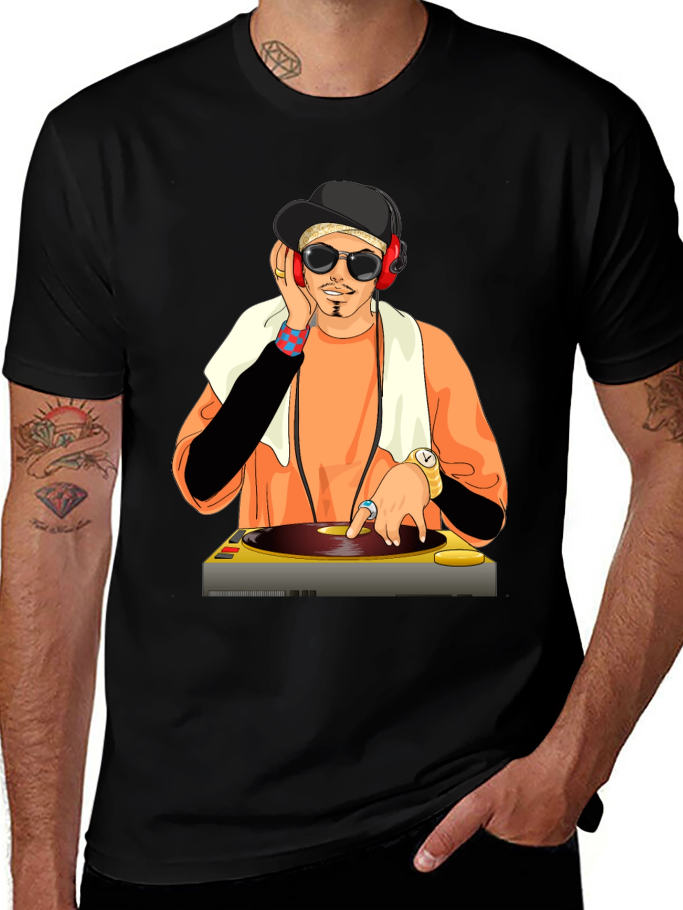 DJ Cartoon Graphic Tee - Black Cotton Blend