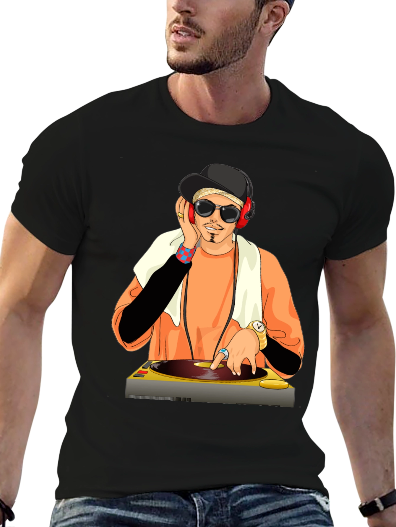 DJ Cartoon Graphic Tee - Black Cotton Blend