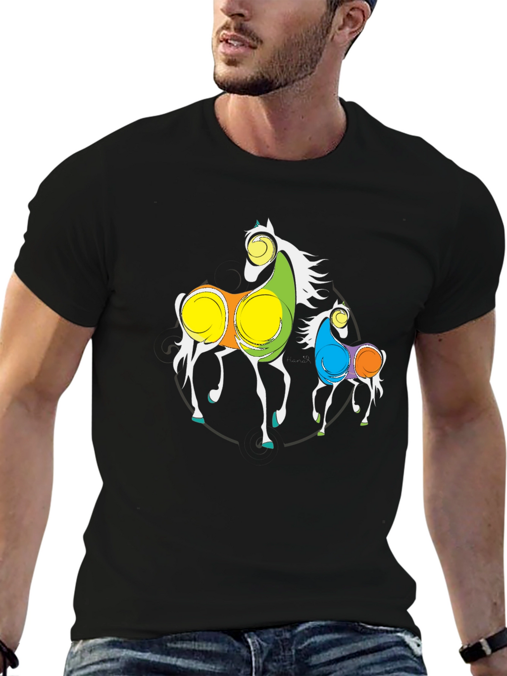 Abstract Horses Graphic Black T-Shirt