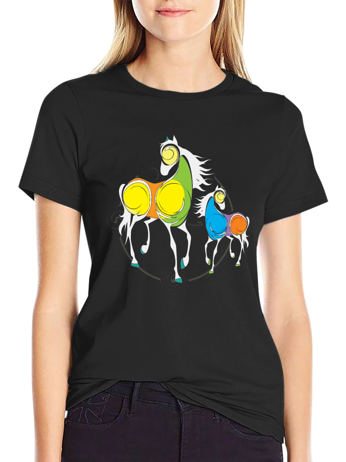 Abstract Horses Graphic Black T-Shirt
