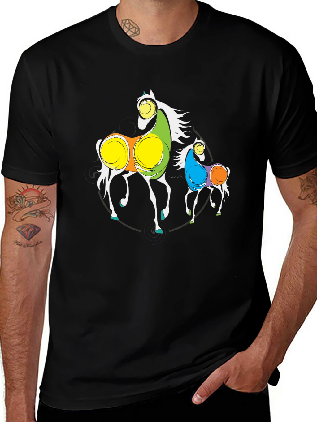 Abstract Horses Graphic Black T-Shirt