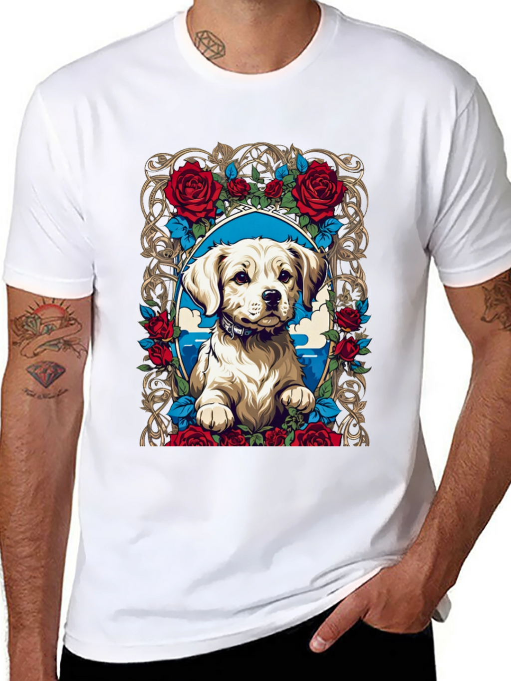 Dog & Roses Graphic Tee - Black Cotton Blend