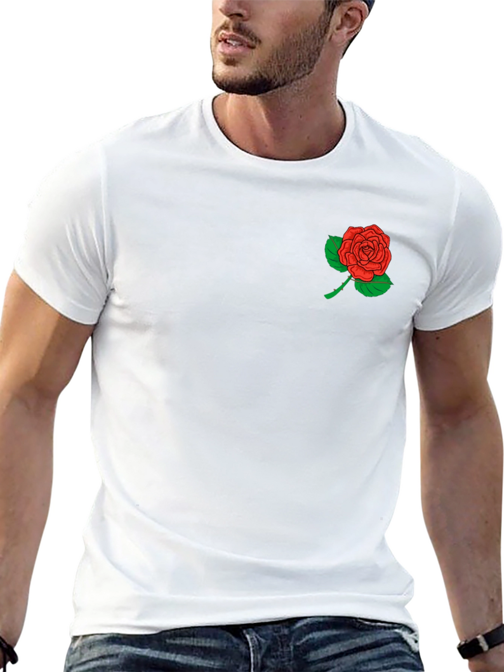 Mens Black T-Shirt with Embroidered Rose