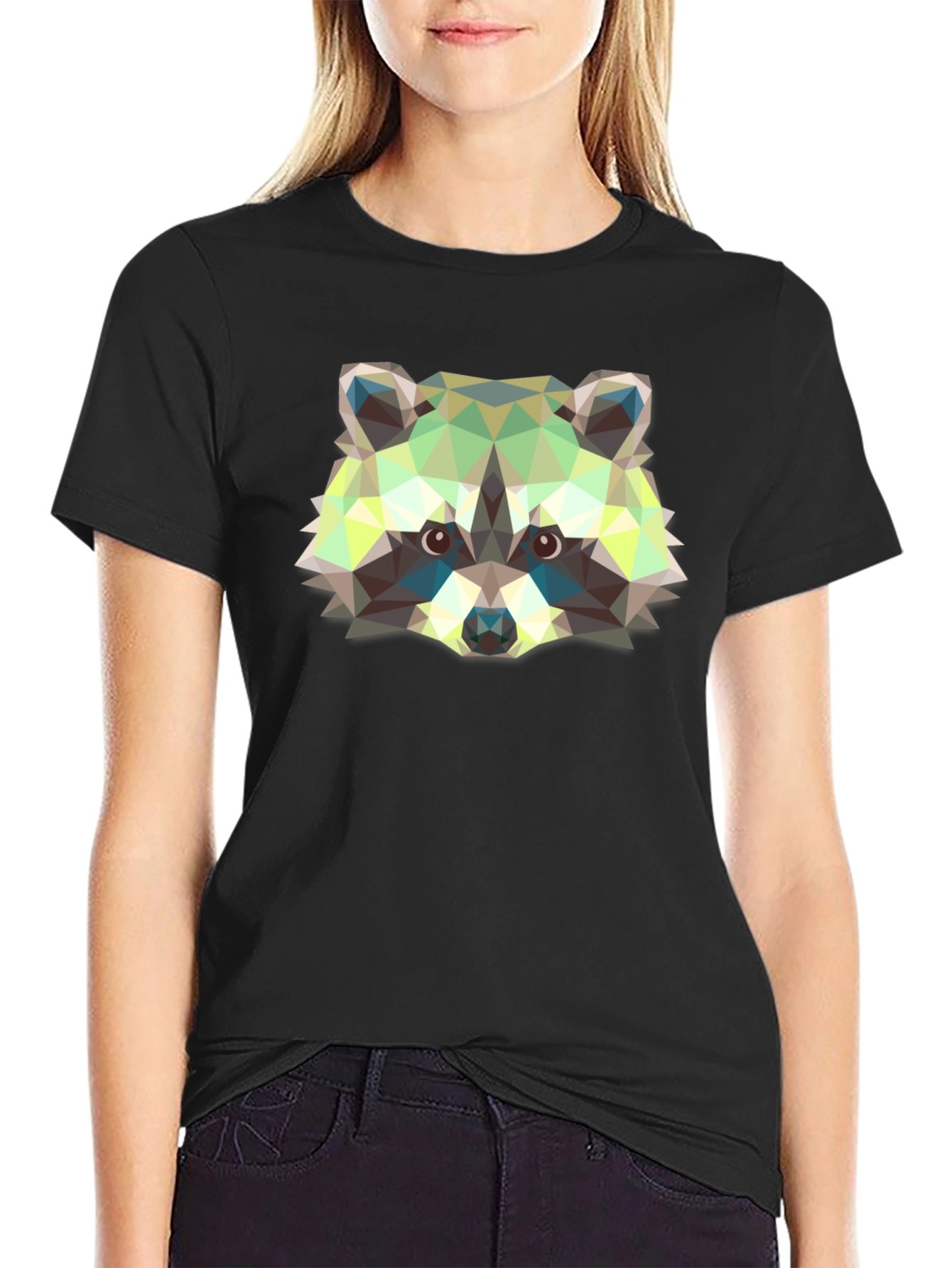 Geometric Raccoon Graphic Print Black T-Shirt