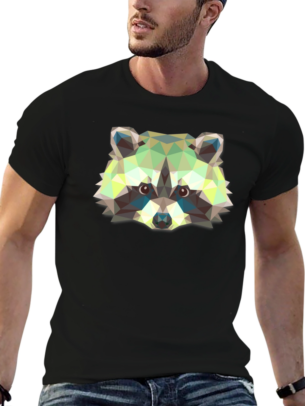 Geometric Raccoon Graphic Print Black T-Shirt