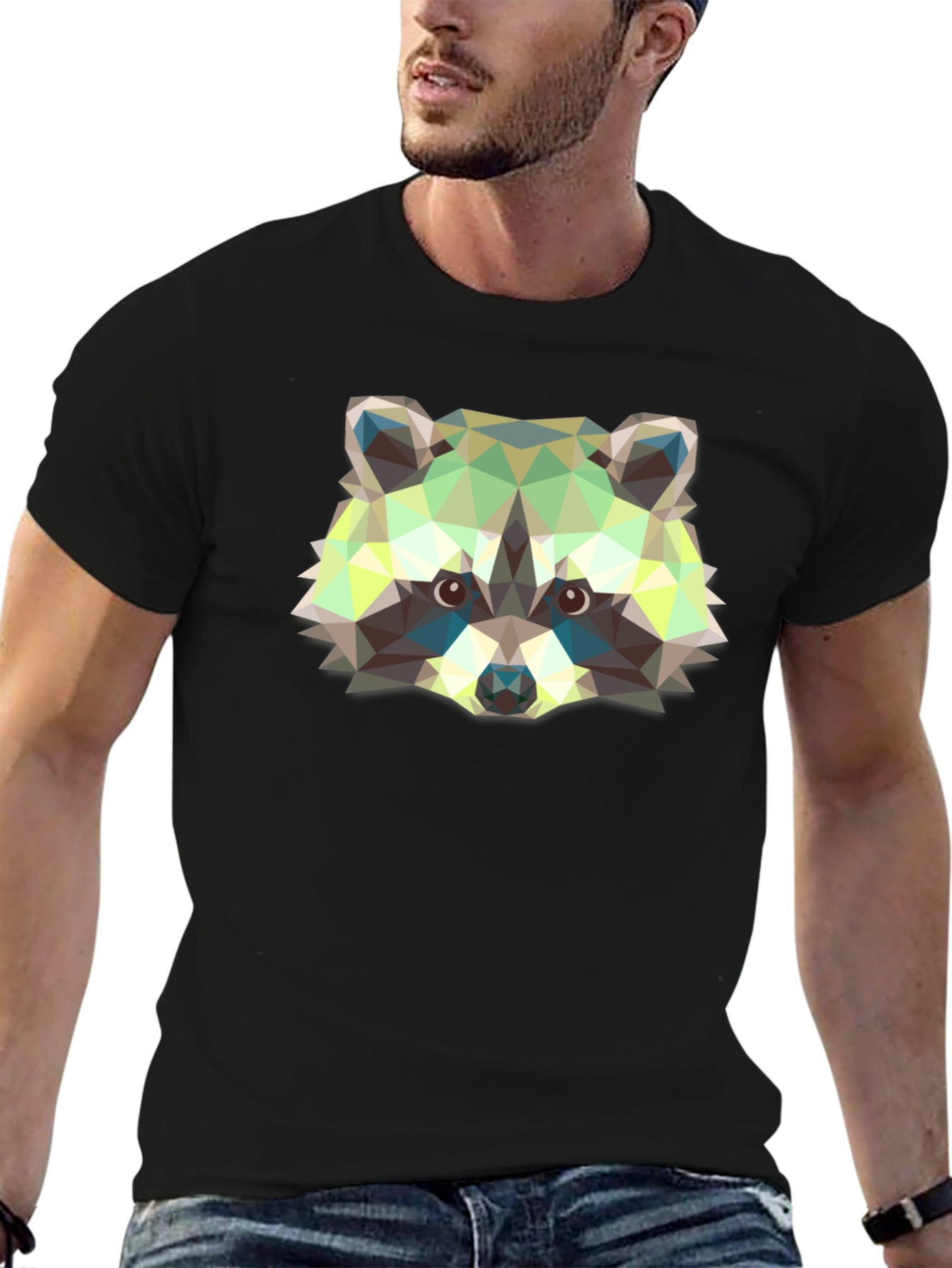 Geometric Raccoon Graphic Print Black T-Shirt