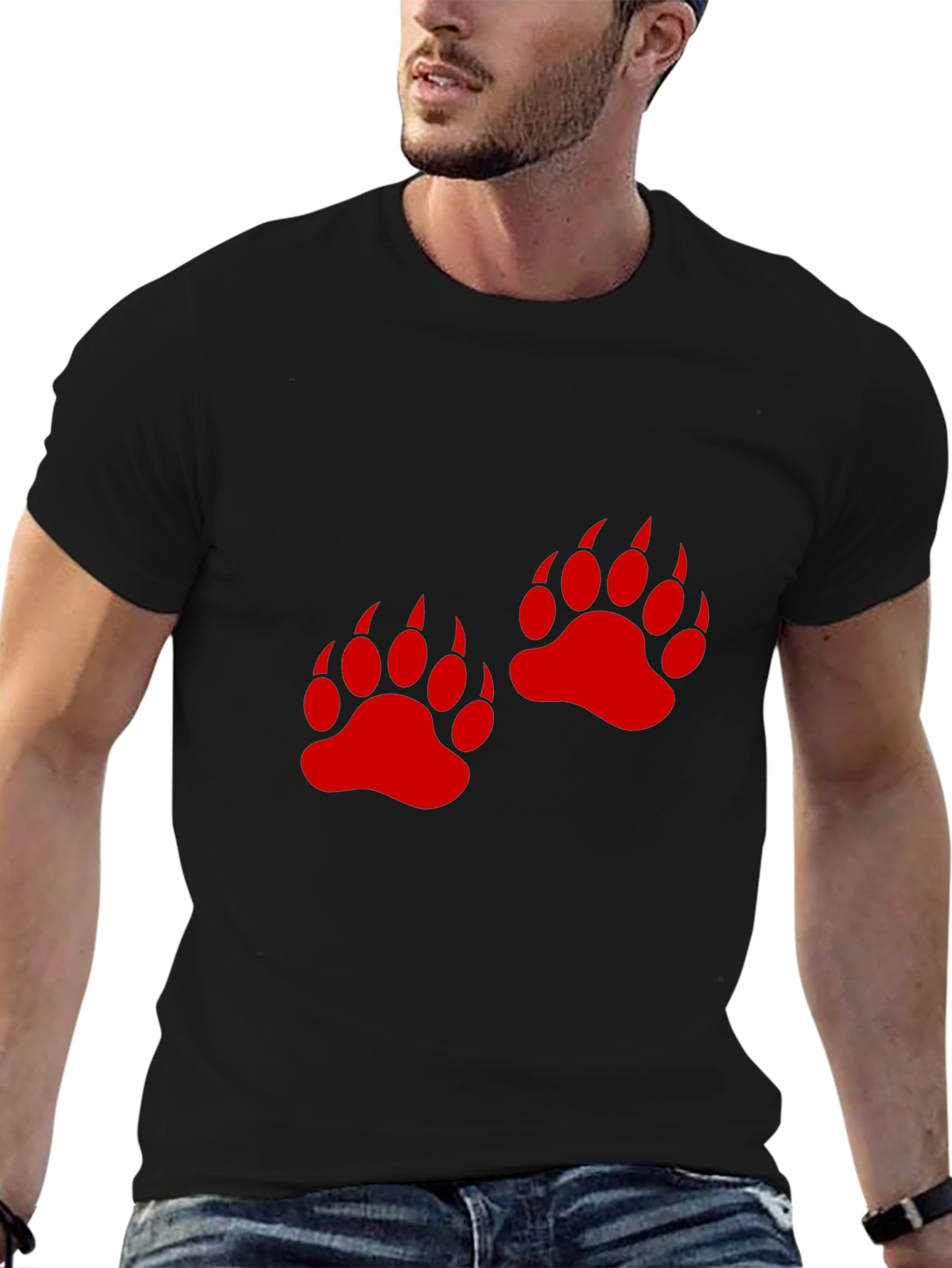 Bear Paw Print Graphic Tee - Casual Black T-Shirt