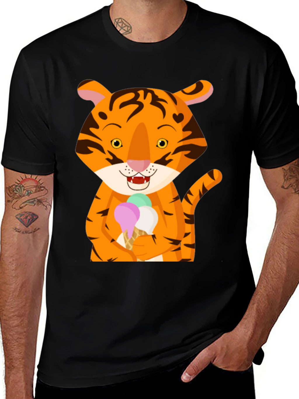 Tiger Ice Cream Black T-Shirt Cute Animal Design