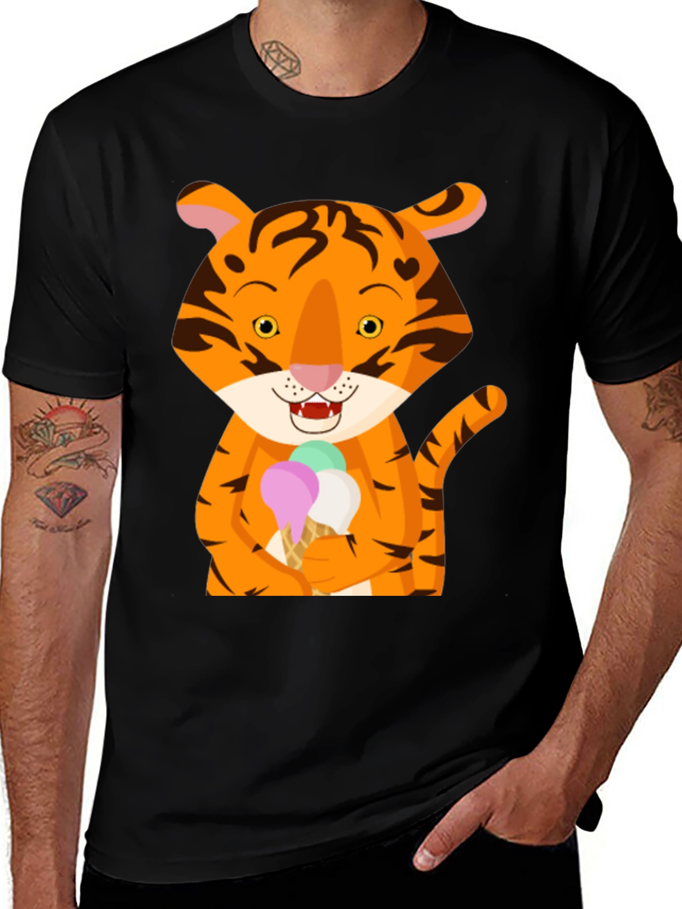 Tiger Ice Cream Black T-Shirt Cute Animal Design