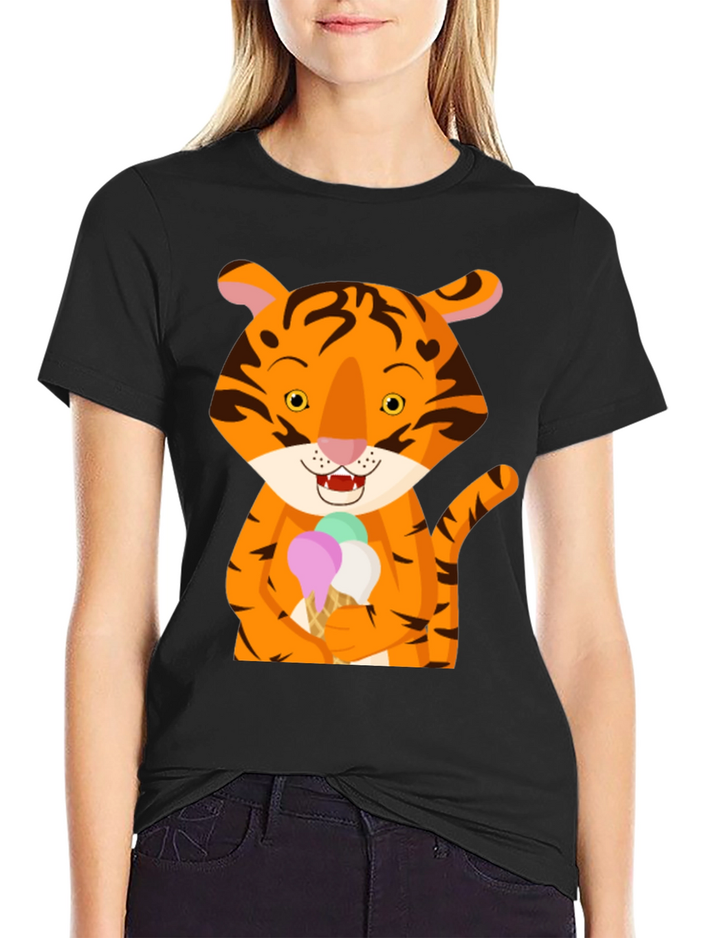 Tiger Ice Cream Black T-Shirt Cute Animal Design
