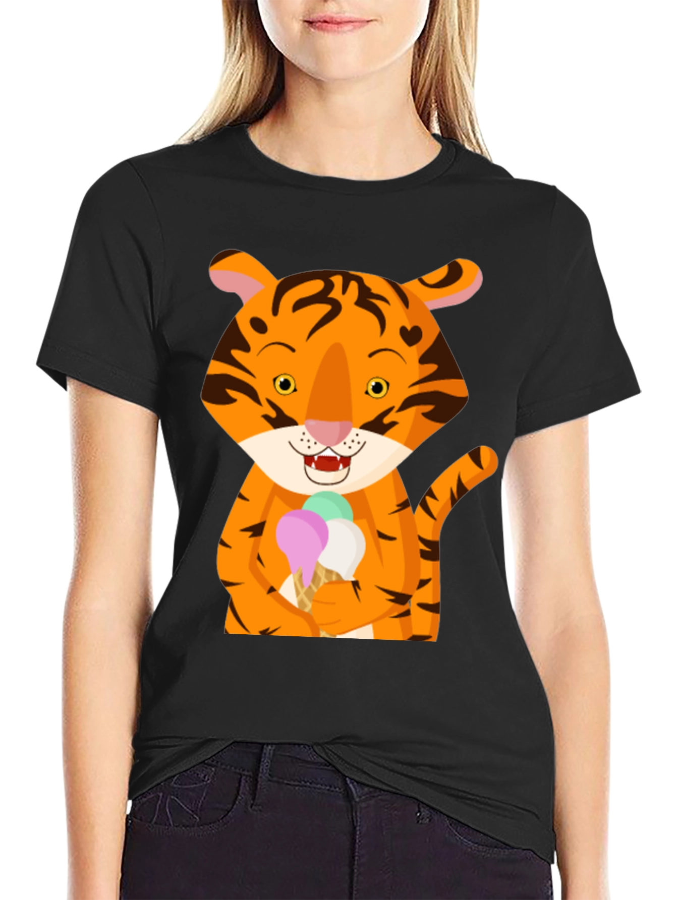 Tiger Ice Cream Black T-Shirt Cute Animal Design