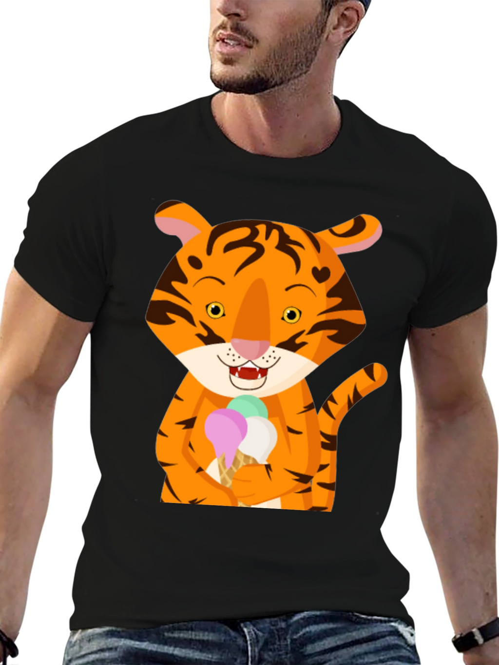 Tiger Ice Cream Black T-Shirt Cute Animal Design