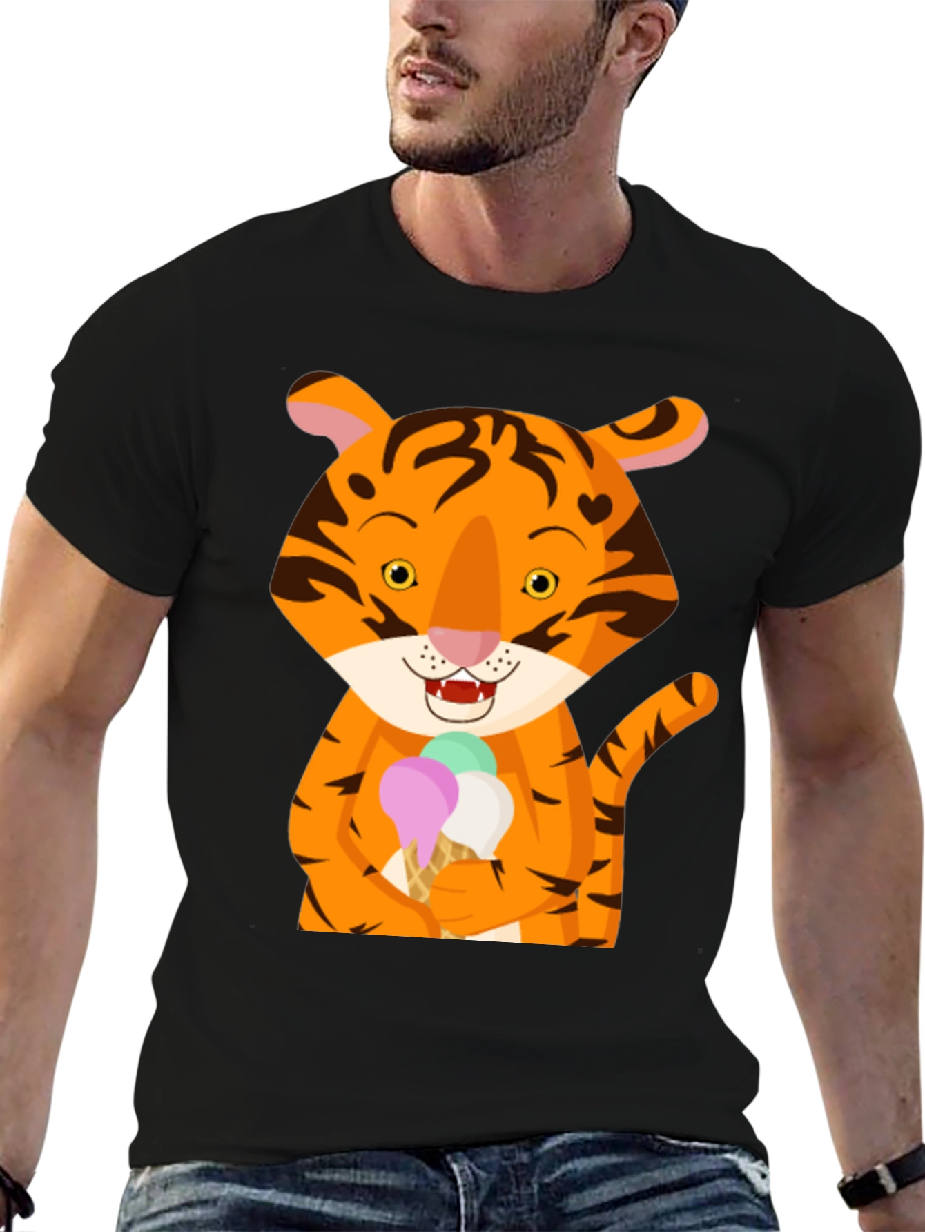 Tiger Ice Cream Black T-Shirt Cute Animal Design