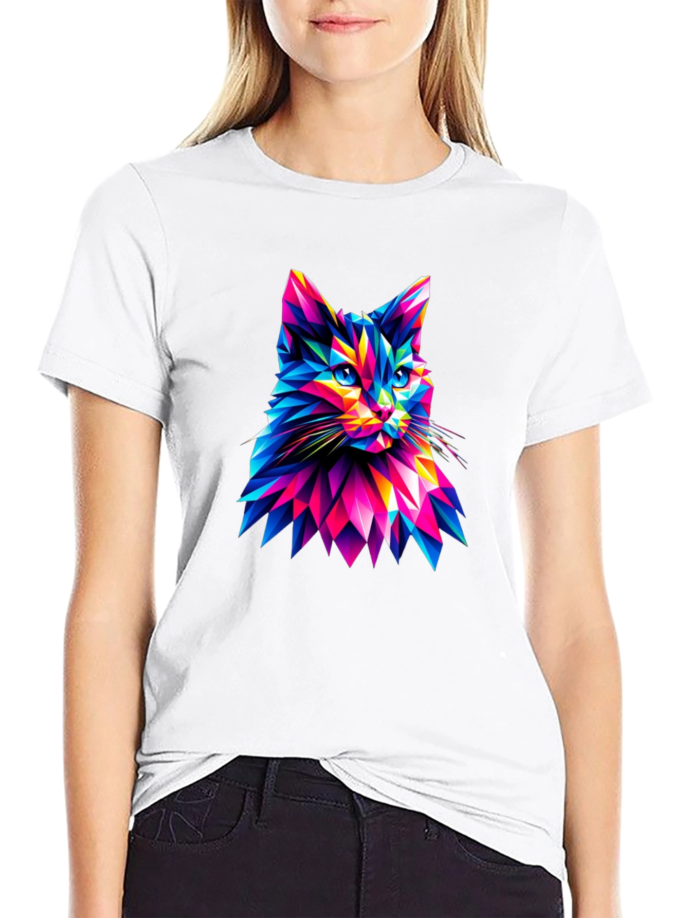 Abstract Geometric Cat Graphic Tee - Black