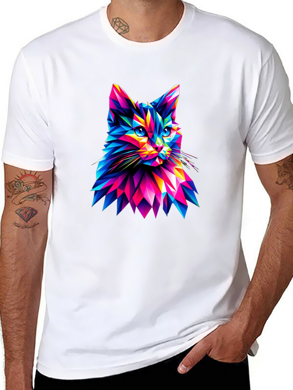 Abstract Geometric Cat Graphic Tee - Black