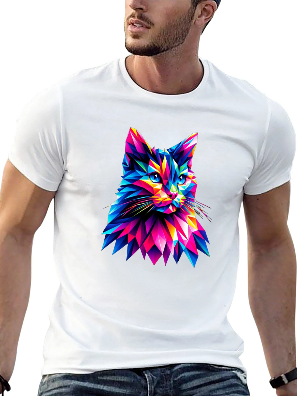 Abstract Geometric Cat Graphic Tee - Black