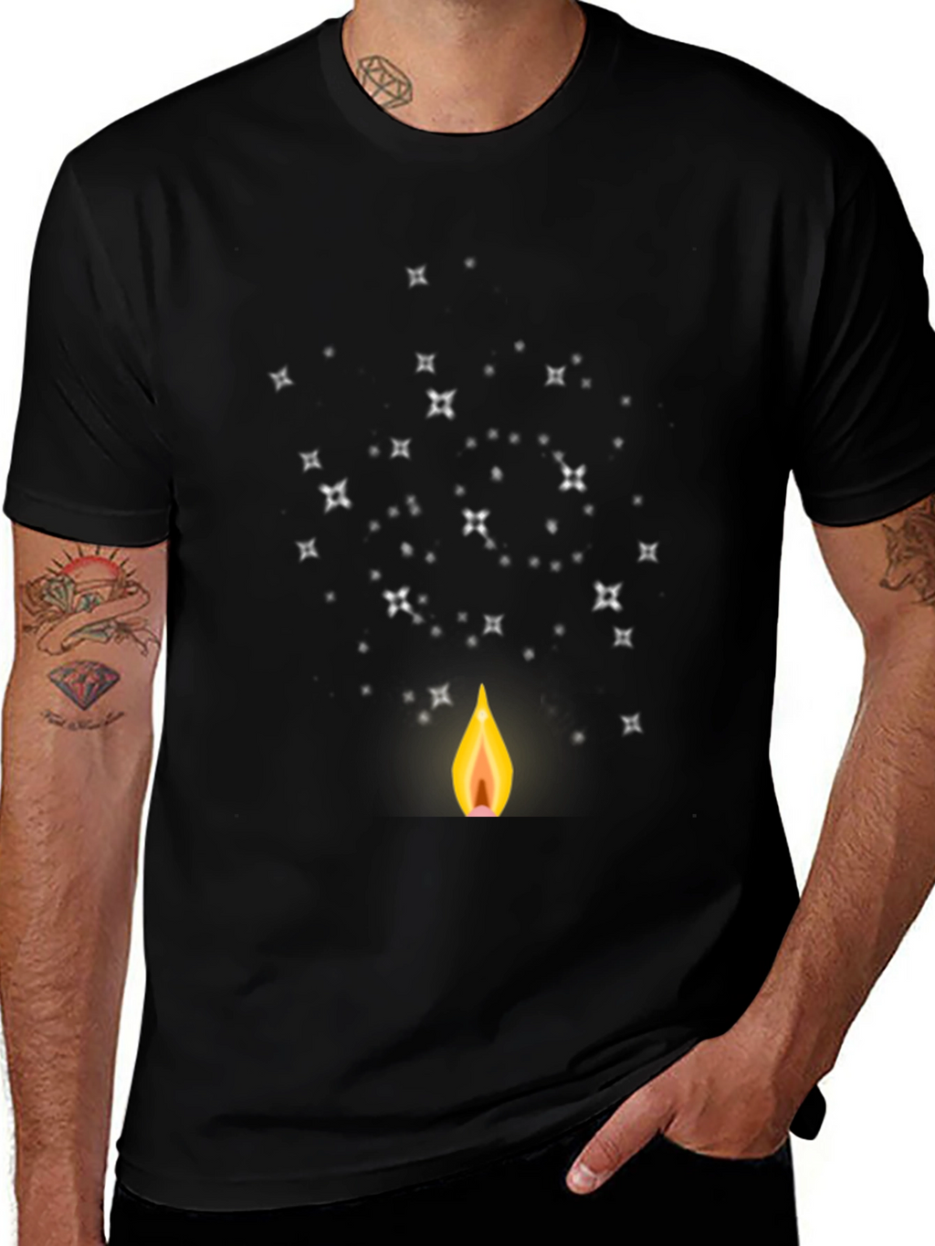 Mens Black Graphic Tee - Candle & Stars Design
