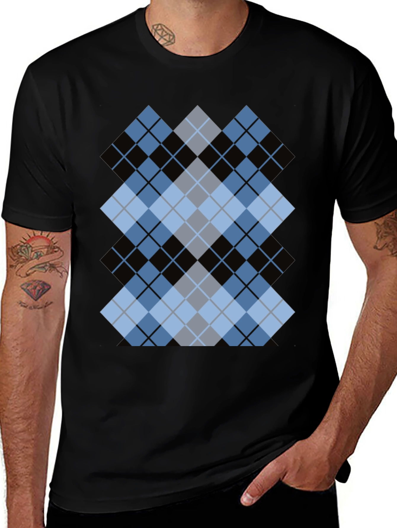 Stylish Black T-Shirt with Argyle Diamond Design