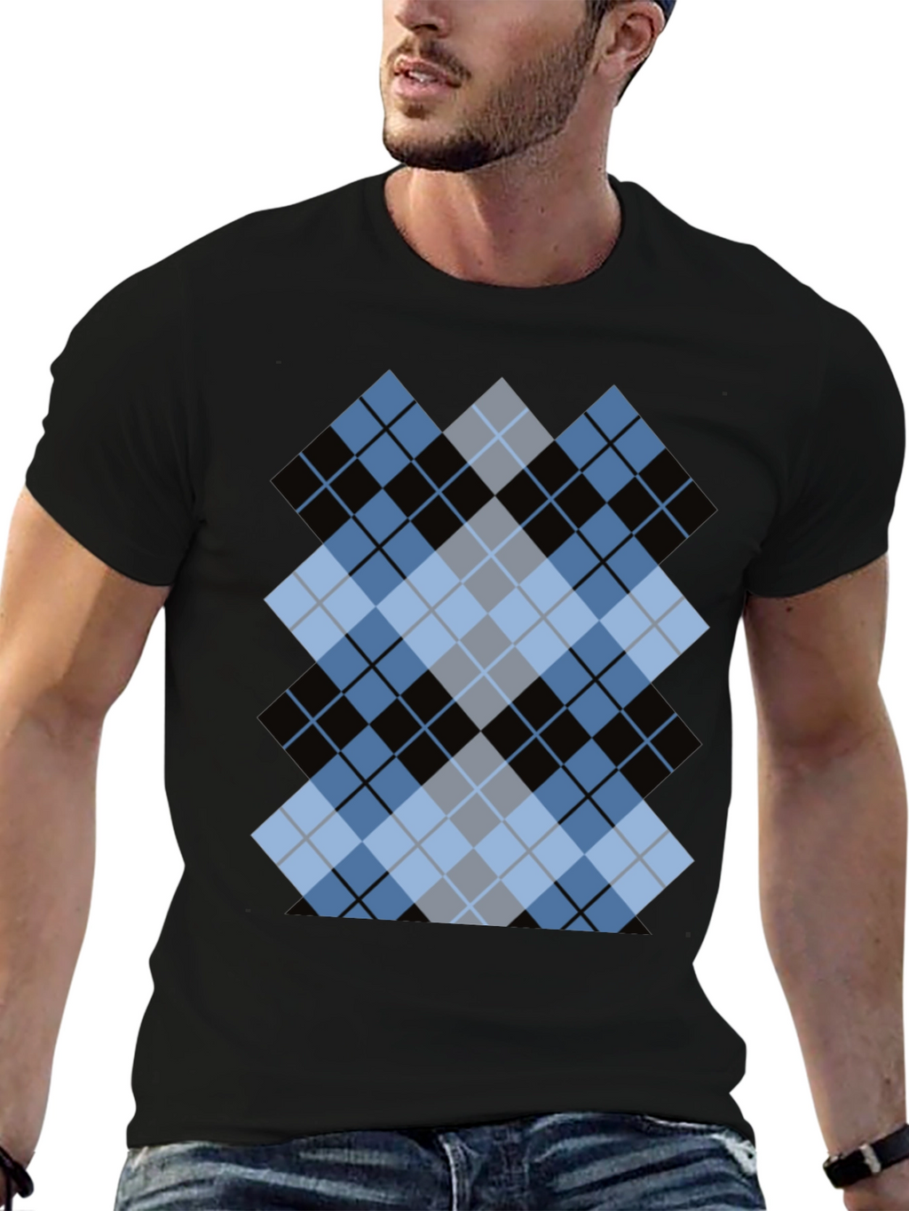 Stylish Black T-Shirt with Argyle Diamond Design
