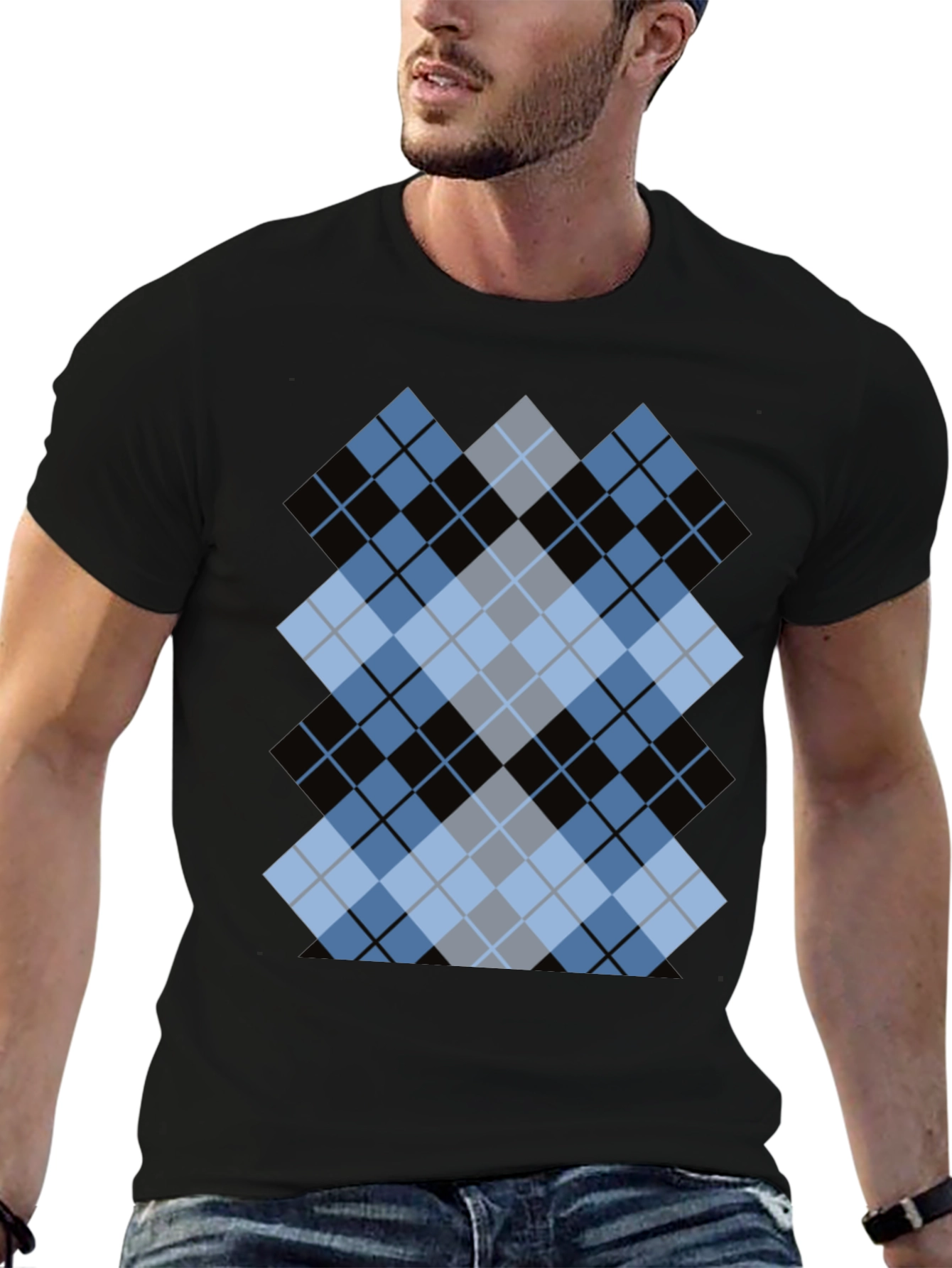 Stylish Black T-Shirt with Argyle Diamond Design
