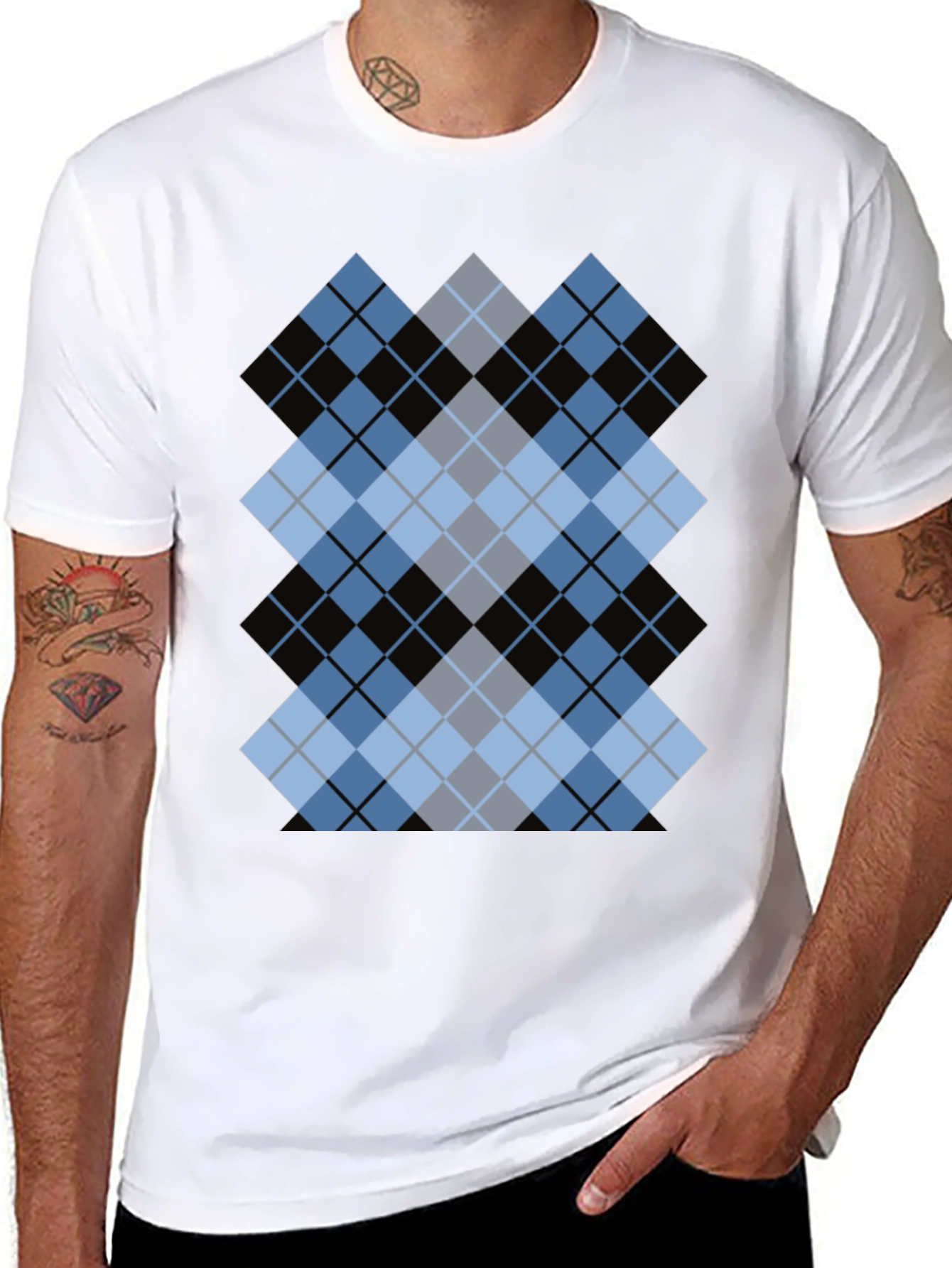 Stylish Black T-Shirt with Argyle Diamond Design