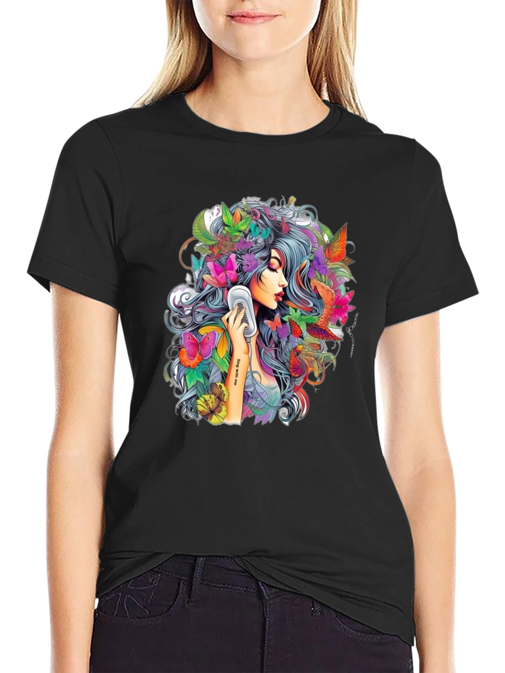 Floral Girl Graphic Print Black T-Shirt
