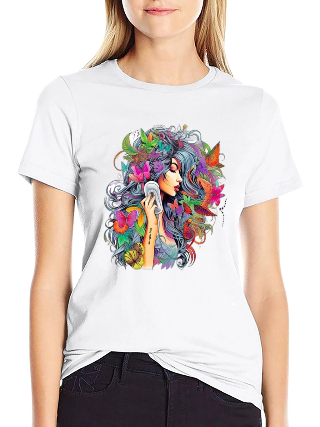 Floral Girl Graphic Print Black T-Shirt