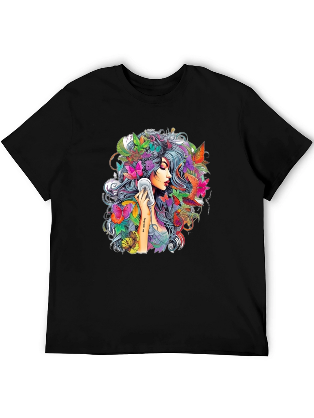 Floral Girl Graphic Print Black T-Shirt