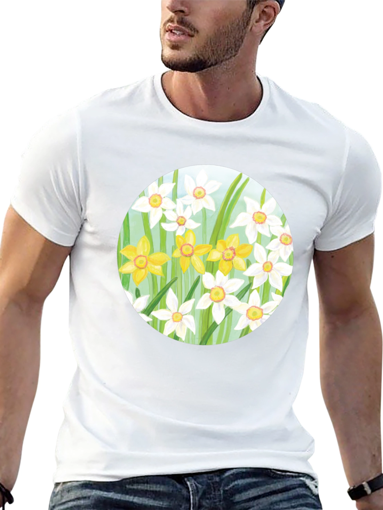 Floral Daffodil Print Black T-Shirt