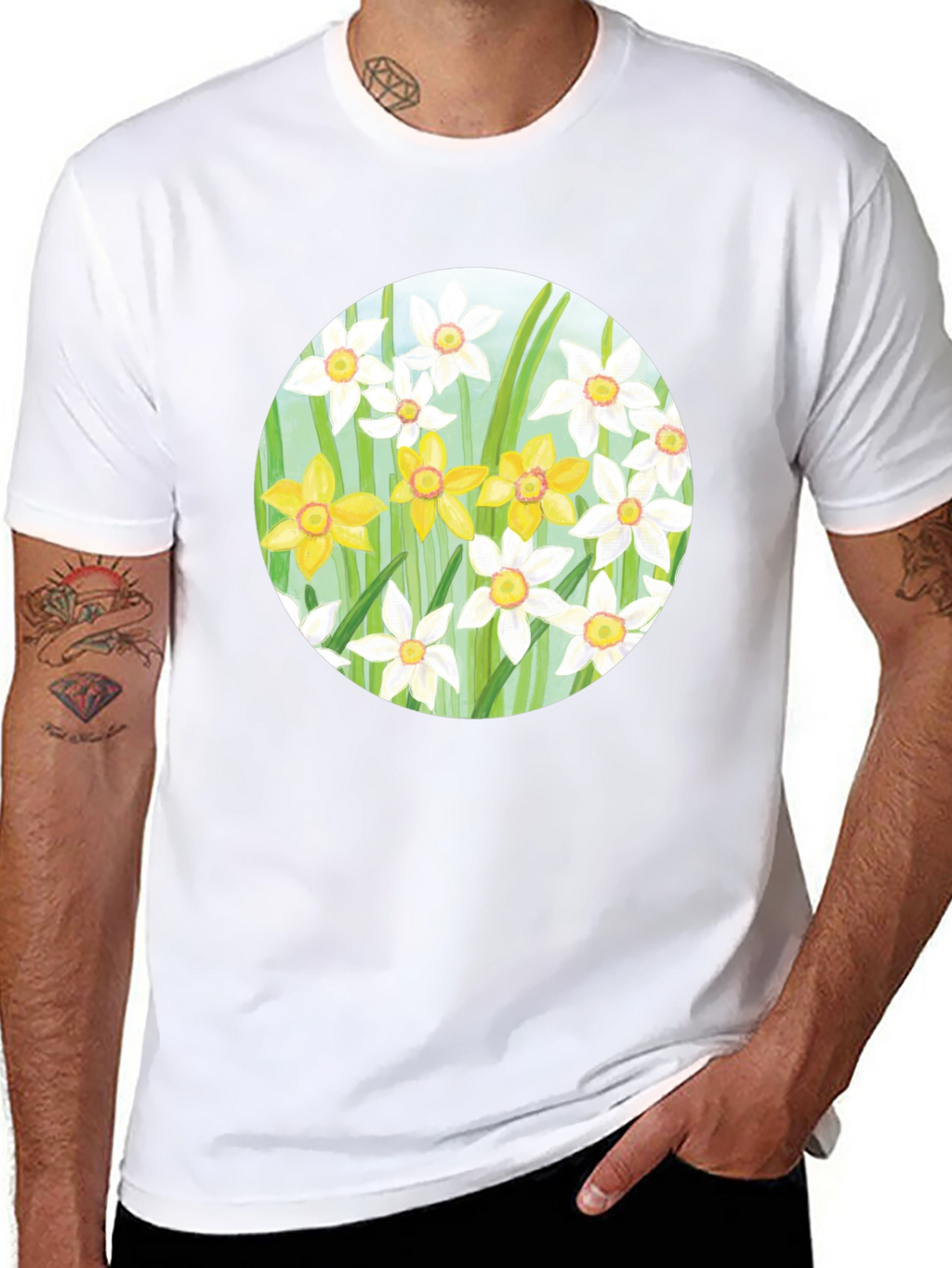 Floral Daffodil Print Black T-Shirt