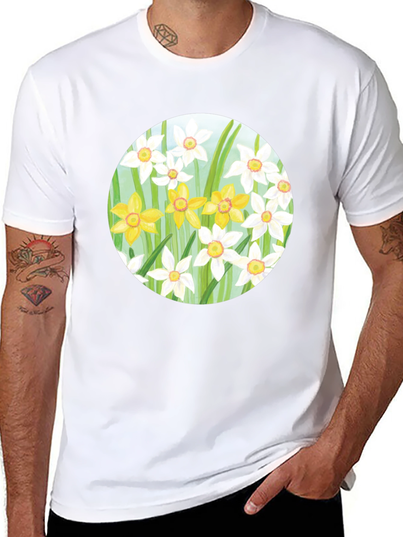 Floral Daffodil Print Black T-Shirt