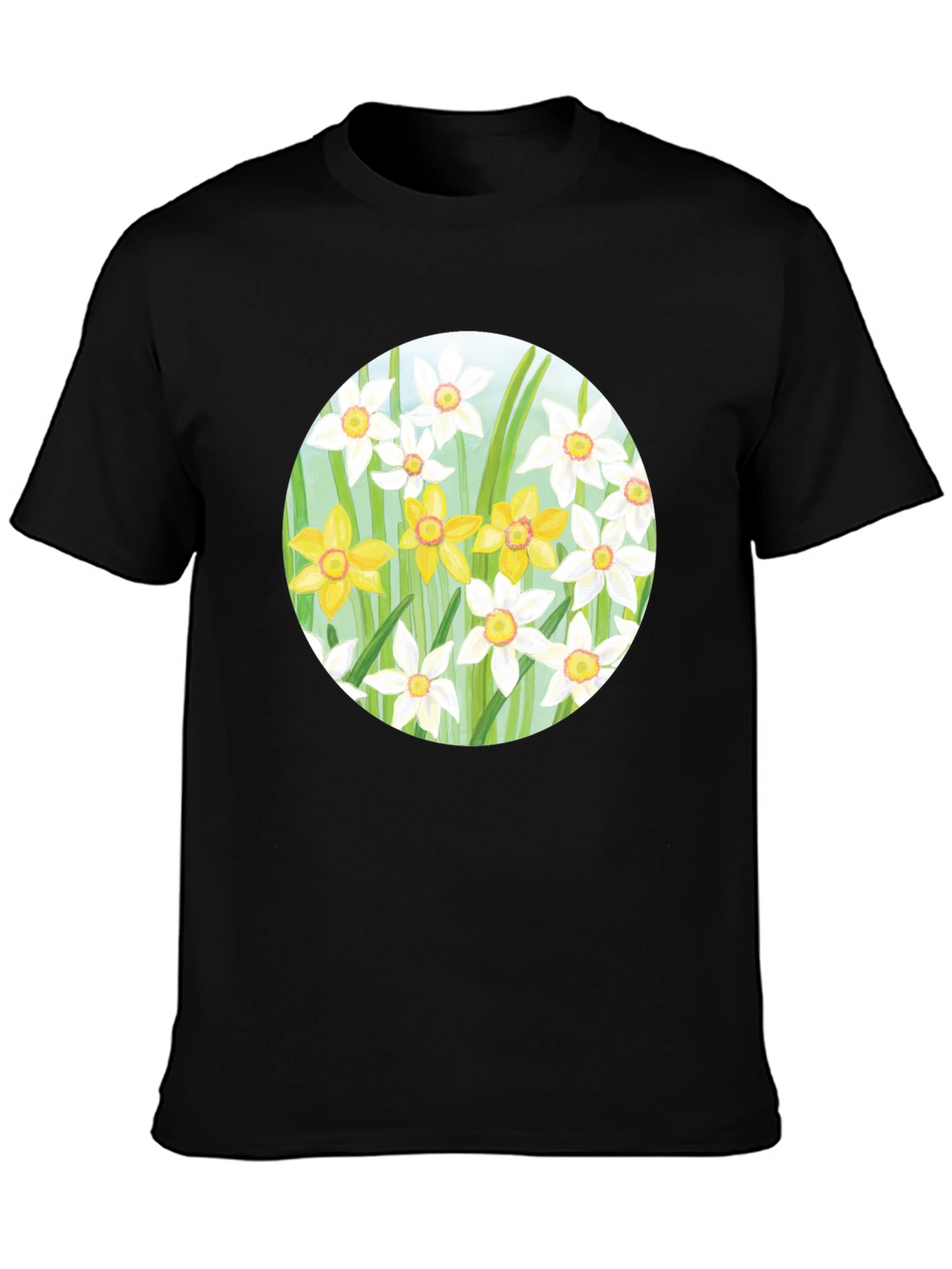 Floral Daffodil Print Black T-Shirt