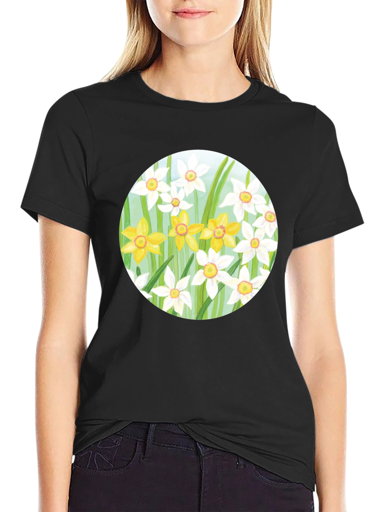 Floral Daffodil Print Black T-Shirt