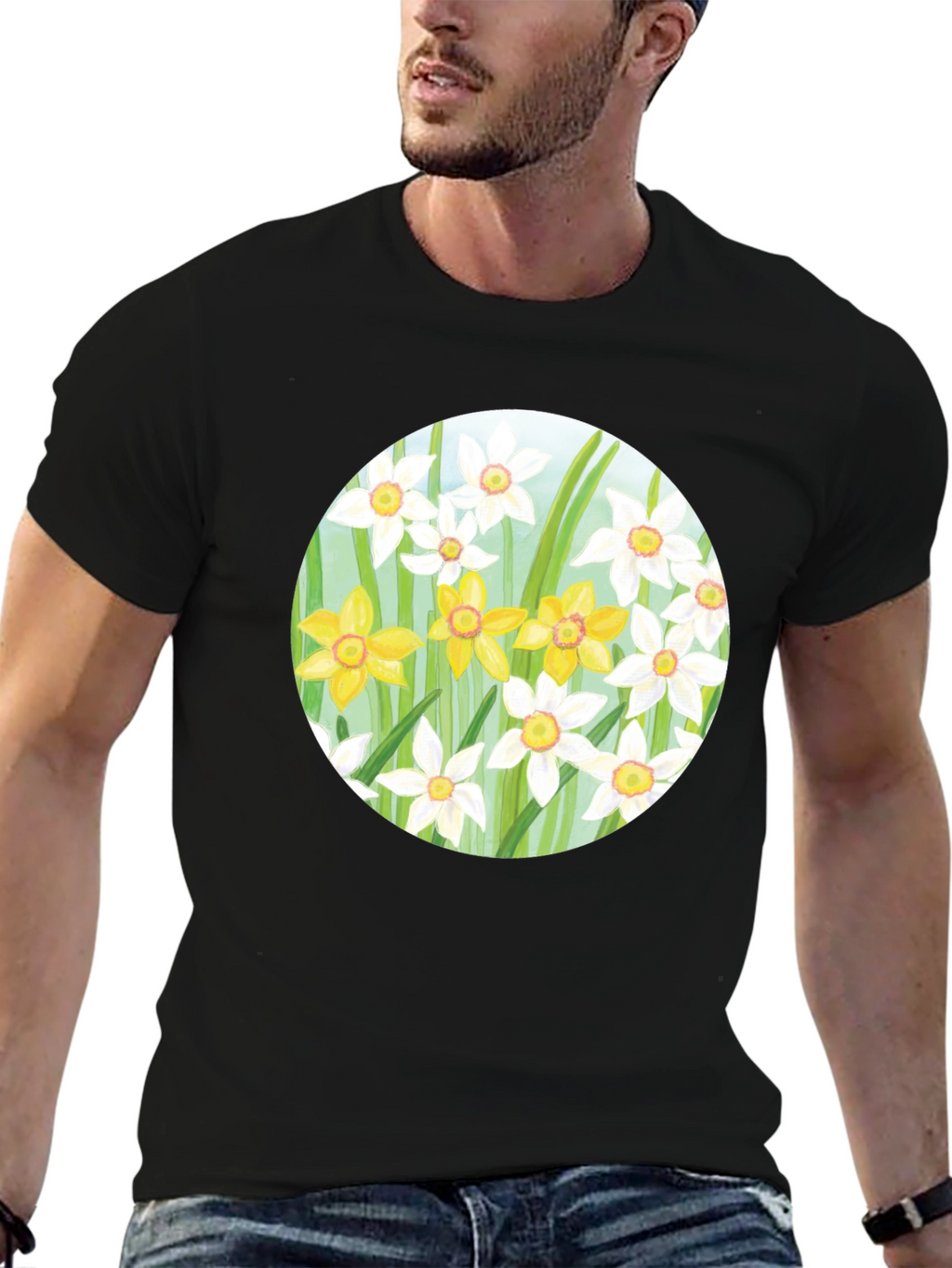 Floral Daffodil Print Black T-Shirt