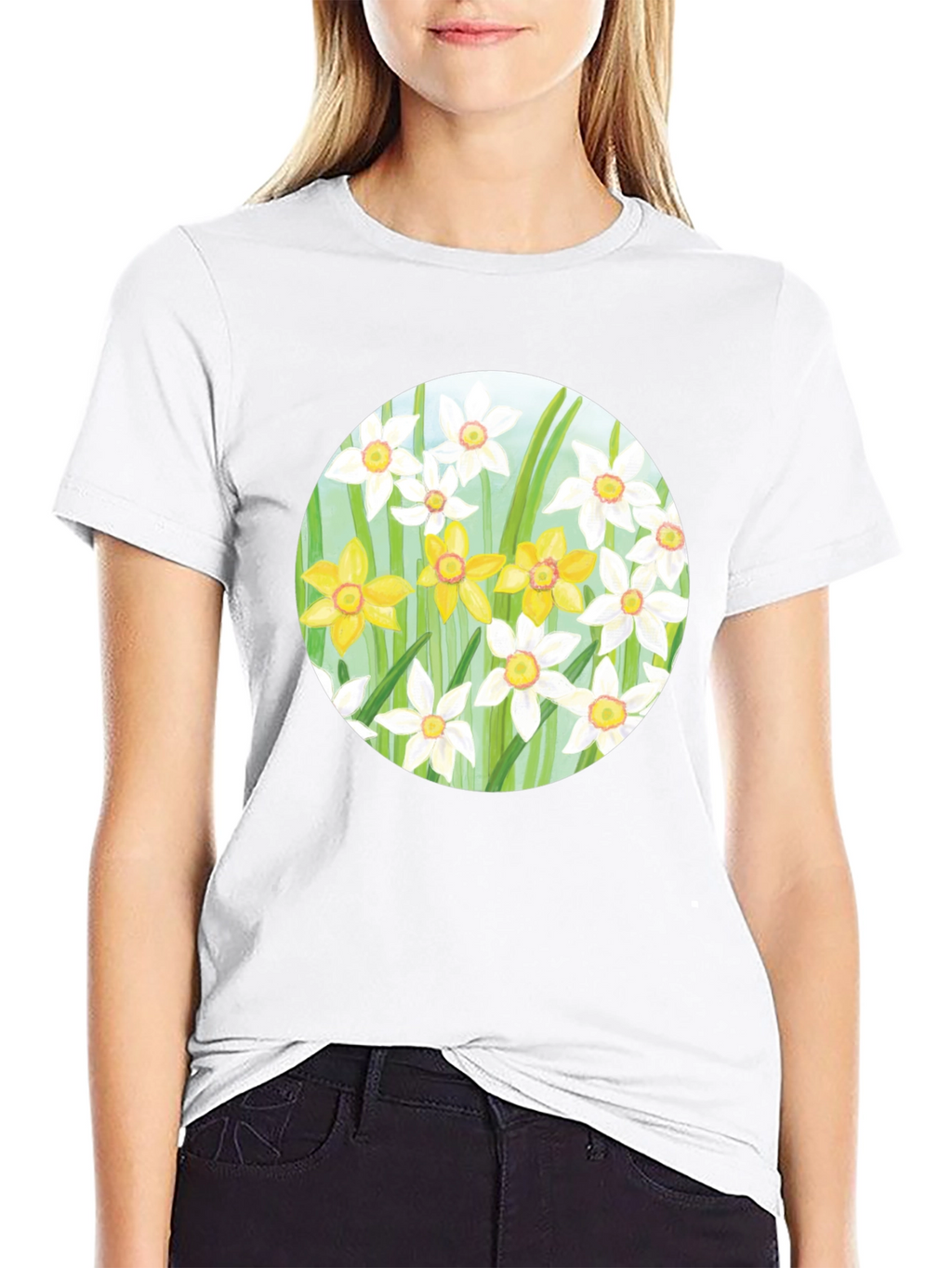 Floral Daffodil Print Black T-Shirt