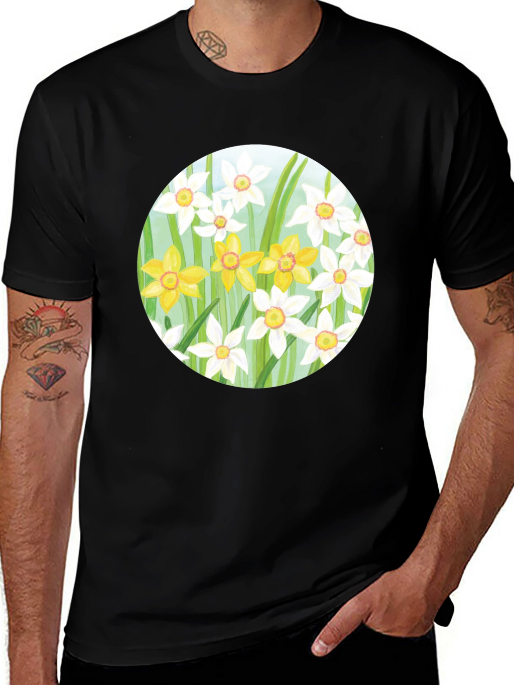 Floral Daffodil Print Black T-Shirt