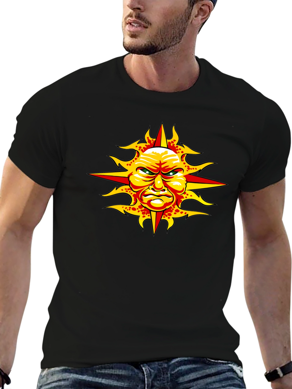 Angry Sun Graphic Tee - Unique Design Black T-Shirt