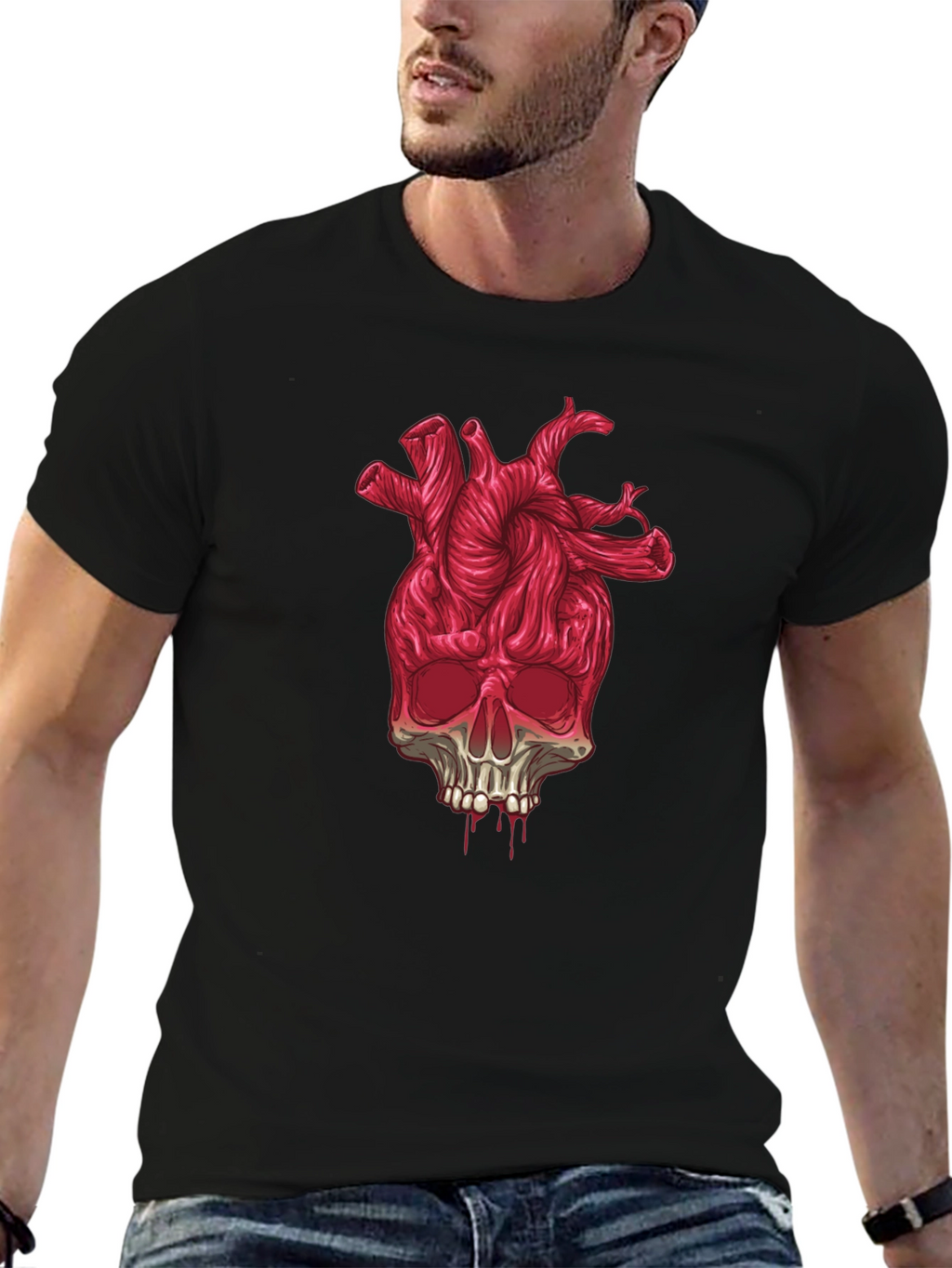 Heart Skull Graphic Tee - Black